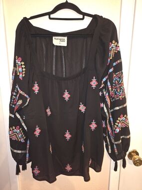 Savanna Jane Black Boho Embroidered Tunic with Multicolor Accents